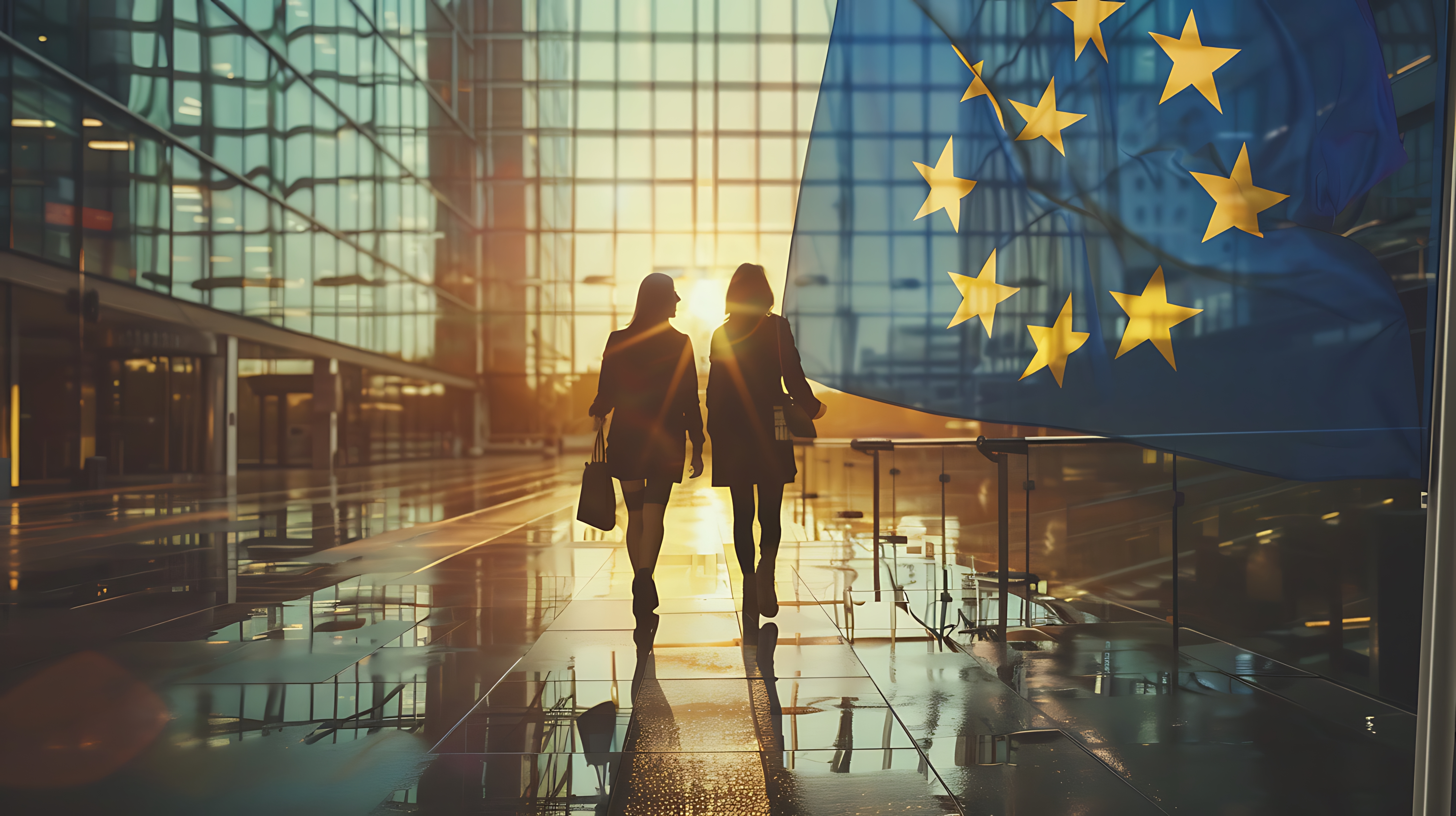 European Residency Success - Two women walking with EU flag